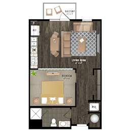 Floor Plan  A floor plan of a small apartment with a living room, bedroom, and balcony.