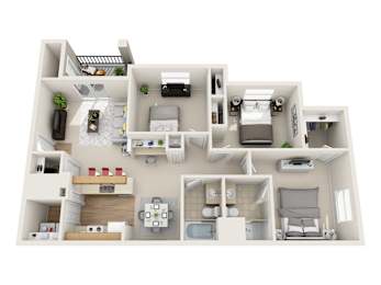 Floor Plan  A 3D floor plan of a small apartment with a kitchen, living room, and bedroom.