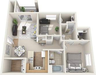 Floor Plan  A 3D floor plan of a small apartment with a kitchen, living room, and bedroom.