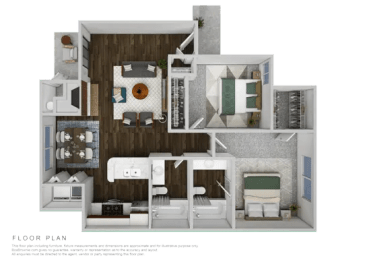 3d furnished floor plan for a 1 bedroom apartment