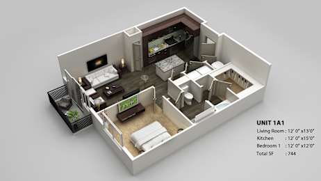 A 3D model of a living space with a kitchen and two beds.