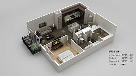 A 3D rendered image of a small apartment layout with a living room, kitchen, and bedroom.