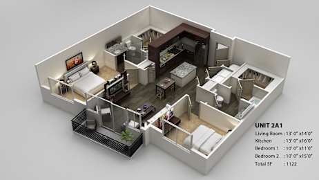 A 3D floor plan of a UNIT 2A1 apartment with a living room, kitchen, and two bedrooms.