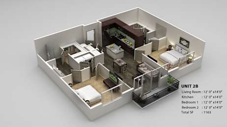 A 3D model of a small apartment layout with a living room, kitchen, and two bedrooms.