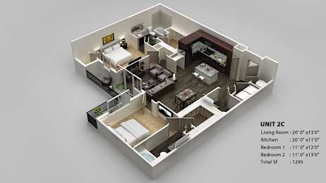 A 3D floor plan of a small apartment layout.