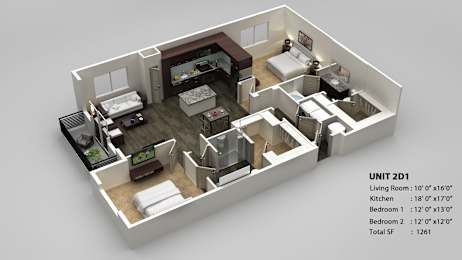 A 3D model of a living space with dimensions and total square footage listed.