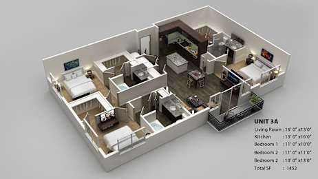 A 3D floor plan of a unit with a living room, kitchen, and two bedrooms.