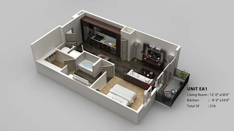 A 3D rendering of a small apartment layout with a living room, kitchen, and bathroom.