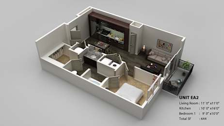 A 3D rendered image of a small apartment layout.