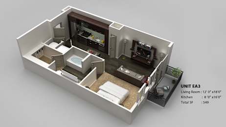 A 3D model of a living room and kitchen area in a small apartment layout.