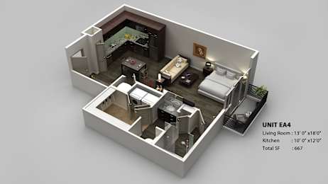 A 3D image of a floor plan for a living space with a kitchen and bedroom.