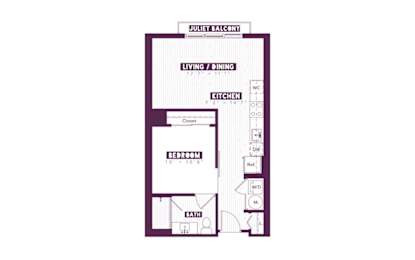 Floor Plan  A floor plan of a two bedroom apartment with a living room and kitchen.