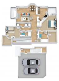 Floor Plan  A floor plan of a house with two bedrooms, a living room, a kitchen, and a garage.