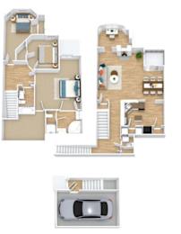 Floor Plan  A floor plan of a two-story house with a garage.