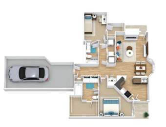 Floor Plan  A top-down view of a house with a car parked in the driveway.