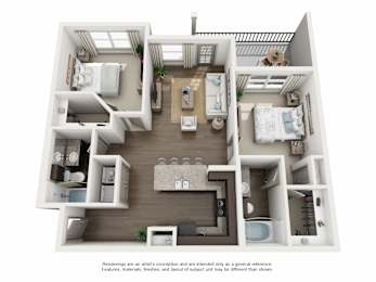 Floor Plan  A 3D rendering of a small apartment with a kitchen, living room, and bedrooms.