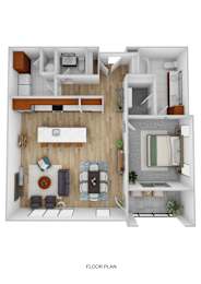 A floor plan of a house with a kitchen, living room, and bathroom.