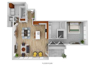 A floor plan of a house with a living room, kitchen, and bathroom.