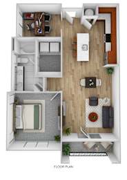 A floor plan of a small apartment with a kitchen, living room, and bathroom.