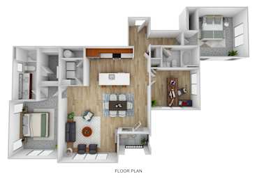 A floor plan of a house with a kitchen, living room, dining room, and bedrooms.