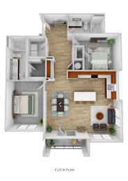 A floor plan of a two-story apartment with a living room, dining room, kitchen, and bedrooms.