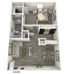 A 3D rendered image of a small apartment with a bedroom, living room, and kitchen.