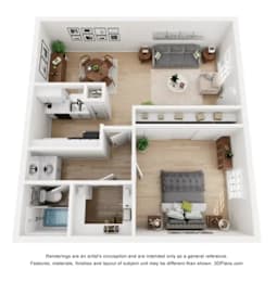 A 3D floor plan of a small apartment with a kitchen, living room, 1 bedroom and 1 bath.