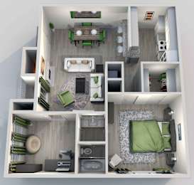 A 3D floor plan of a small apartment with a living room, kitchen, and bedroom.