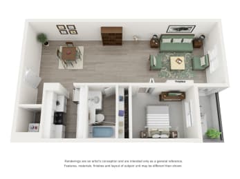 1 bed 1 bath floor plan B at Augusta Court Apartments, Houston, 77057