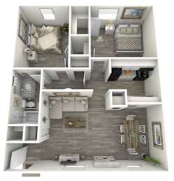 A 3D floor plan of a small apartment with two bedrooms, a living room, and a kitchen.