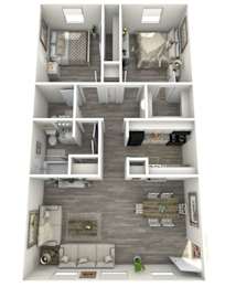 A 3D rendered image of a small apartment with a living room, kitchen, and bathroom.