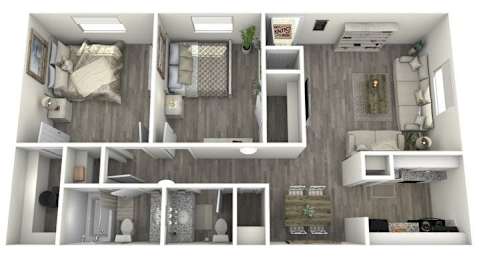 A 3D rendered image of a modern, minimalist apartment layout.