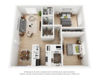 A 3D floor plan of a small apartment with a kitchen, living room, and bedrooms.