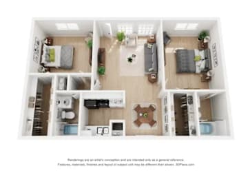 A 3D floor plan of a house with a kitchen, living room, and two bedrooms.