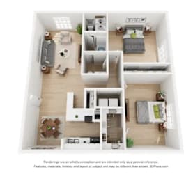 A 3D floor plan of a house with a kitchen, living room, and bedrooms.