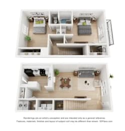 A 3D floor plan of a house with two bedrooms, a living room, a kitchen, and a bathroom.