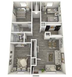 A 3D floor plan of a small apartment with two bedrooms, a living room, and a kitchen.