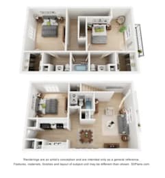 A 3D floor plan of a house with two bedrooms, a living room, a kitchen, and a bathroom.