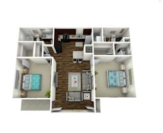 A 3D floor plan of a small apartment with a kitchen, living room, and bedroom.