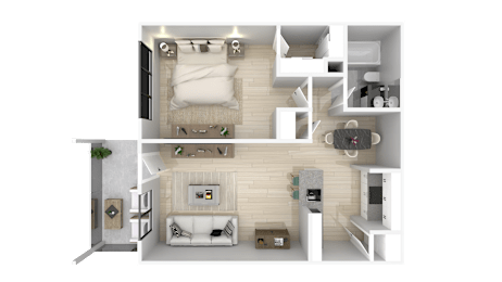 A 3D floor plan of a small apartment with a living room, kitchen, and bedroom.