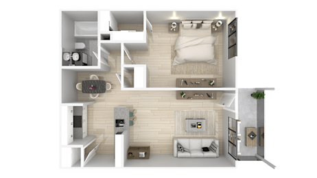 A 3D rendered image of a modern apartment layout.