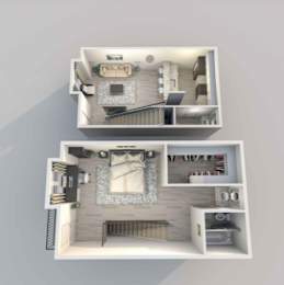 A dollhouse with two levels, one with a staircase and the other with a couch and a table.