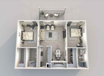 A 3D model of a house layout with a living room, two bedrooms, a bathroom, and a kitchen.
