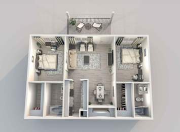 A 3D floor plan of a house showing a living room, kitchen, and two bedrooms.