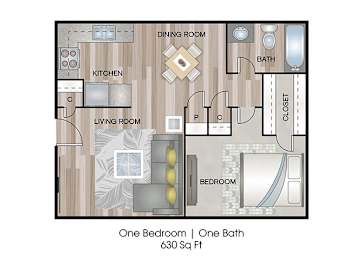 A floor plan of a one bedroom apartment with one bath.