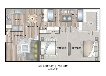 A floor plan of a two bedroom, two bath apartment.