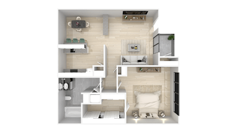 A 3D floor plan of a small apartment with a kitchen, living room, and bedrooms.