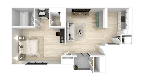 A top-down view of a modern apartment layout with a living room, kitchen, and two bedrooms.