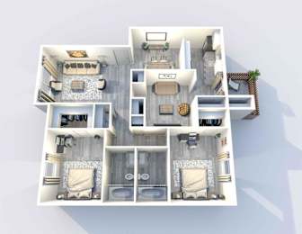 A 3D floor plan of a house showing a living room, kitchen, two bedrooms, and bathrooms.