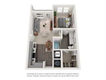 3D floor plan with one bedroom layout at The Aurea Apartments, Texas, 77093
